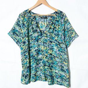 a.n.a. Woman Sheer V Neck Blouse Green and Yellow Size 2x